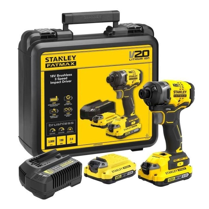 Visseuse a impacts - STANLEY FATMAX V20 - SFMCF820D2K-QW - 190 Nm Brushless - Lithium 18V - 2 Batteries 2Ah