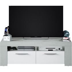 Meuble TV - AMBIT - Effet Béton / Blanc Artik - 2 portes - 2 niches -