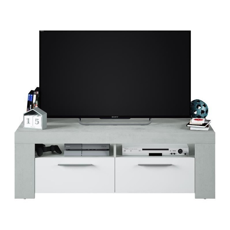Meuble TV - AMBIT - Effet Béton / Blanc Artik - 2 portes - 2 niches -