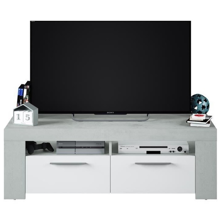 Meuble TV - AMBIT - Effet Béton / Blanc Artik - 2 portes - 2 niches - 120 x 42 x 40 cm