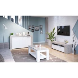Meuble TV - AMBIT - Effet Béton / Blanc Artik - 2 portes - 2 niches -
