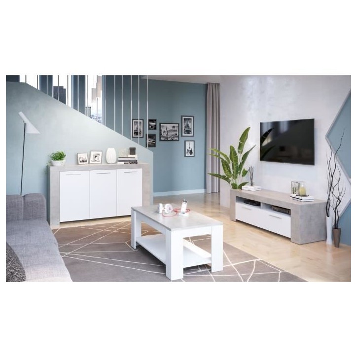 Meuble TV - AMBIT - Effet Béton / Blanc Artik - 2 portes - 2 niches - 120 x 42 x 40 cm