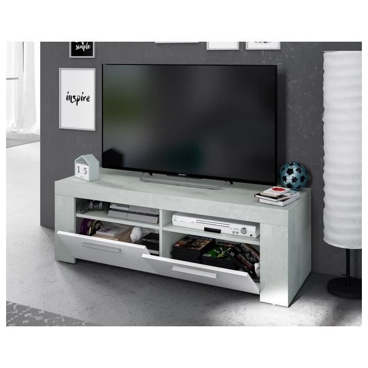 Meuble TV - AMBIT - Effet Béton / Blanc Artik - 2 portes - 2 niches - 120 x 42 x 40 cm
