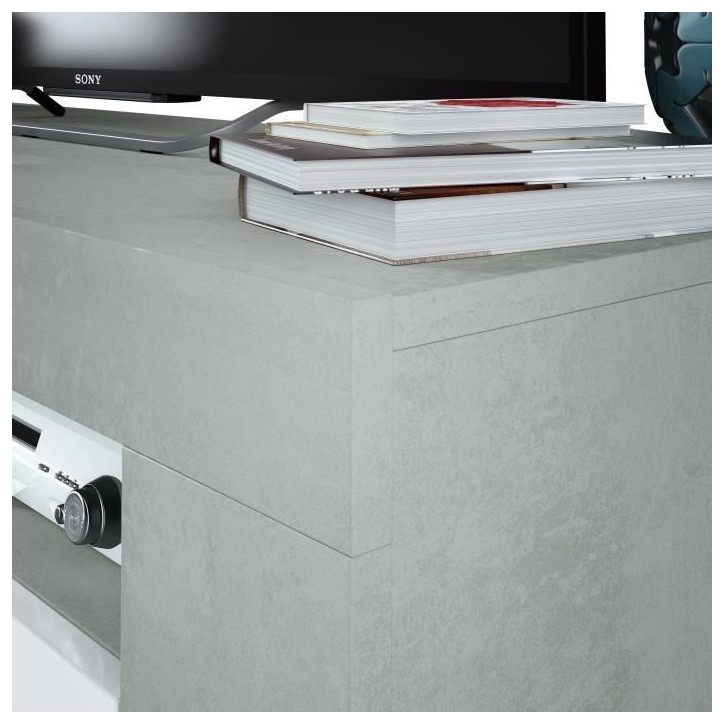 Meuble TV - AMBIT - Effet Béton / Blanc Artik - 2 portes - 2 niches - 120 x 42 x 40 cm