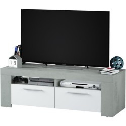 Meuble TV - AMBIT - Effet Béton / Blanc Artik - 2 portes - 2 niches -