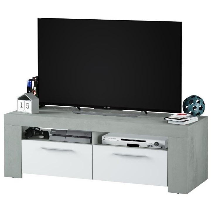 Meuble TV - AMBIT - Effet Béton / Blanc Artik - 2 portes - 2 niches - 120 x 42 x 40 cm