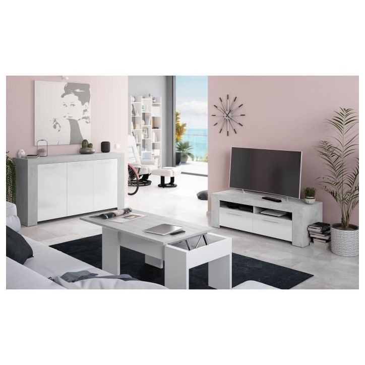 Meuble TV - AMBIT - Effet Béton / Blanc Artik - 2 portes - 2 niches - 120 x 42 x 40 cm