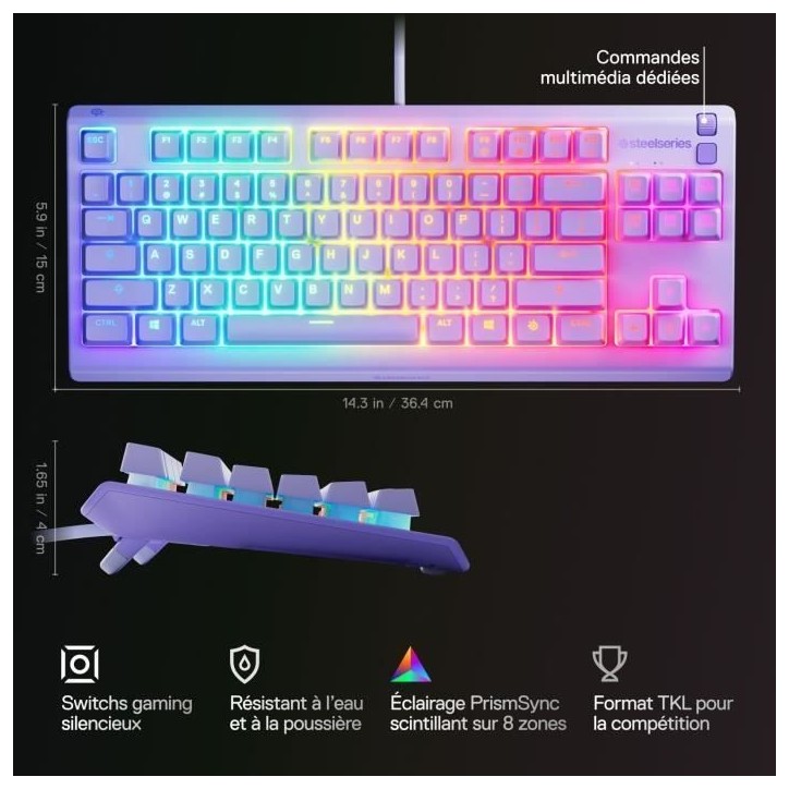 Clavier gaming filaire - STEELSERIES - Apex 3 TKL - Azerty - Lavande Clavier gaming filaire - STEELSERIES - Apex 3 TKL - Azerty - Lavande