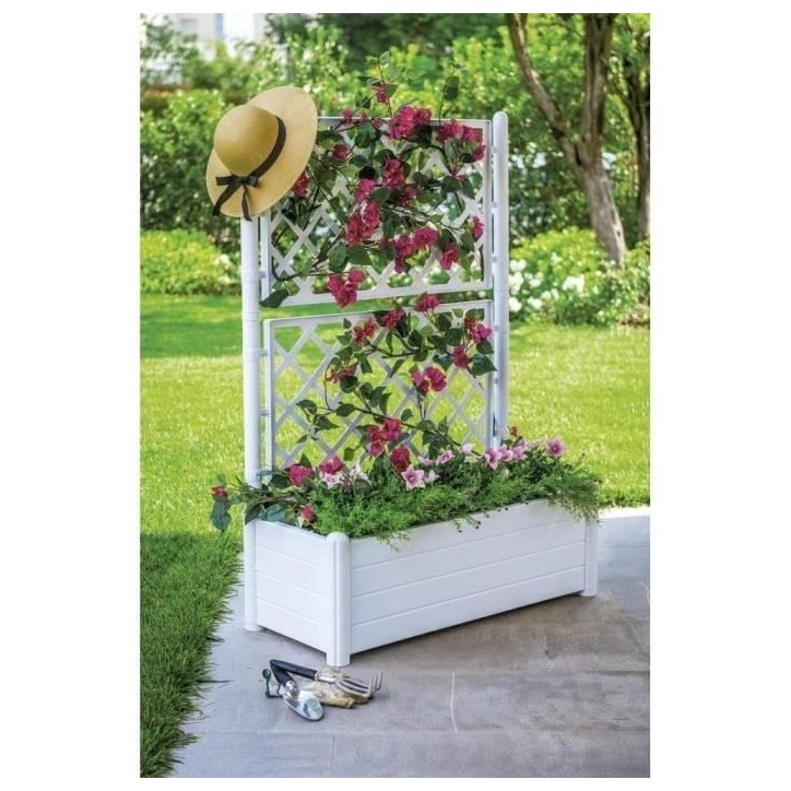 STEFANPLAST Bac a fleur/Jardiniere rectangulaire avec treillis - Finition effet bois - 100 x 43 x H 142 cm - 80 L - Blanc STEFANPLAST Bac a fleur/Jardiniere rectangulaire avec treillis - Finition effet bois - 100 x 43 x H 142 cm - 80 L - Blanc