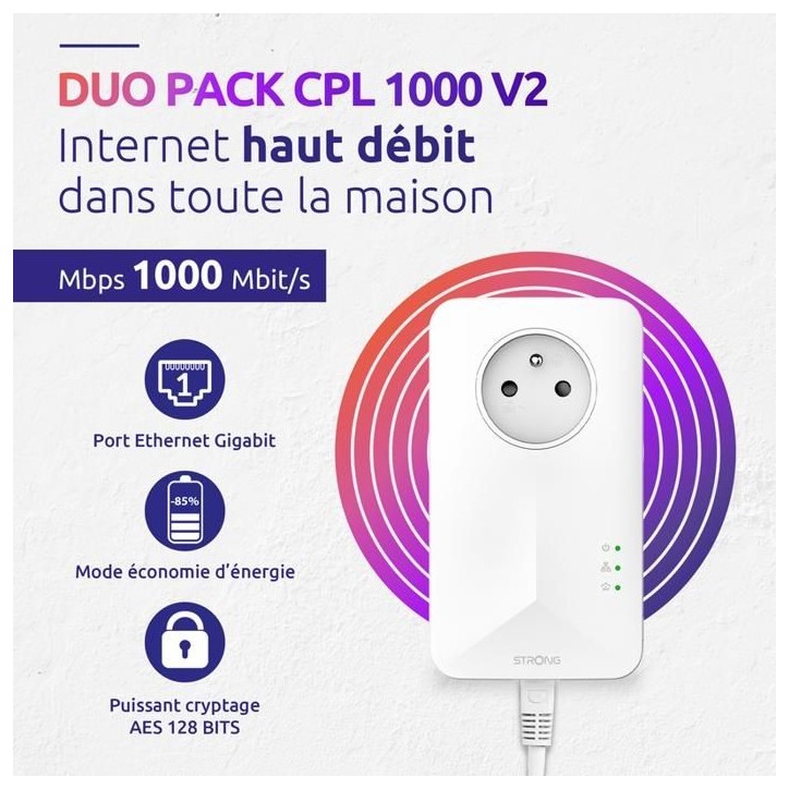 Kit CPL - STRONG - Powerline 1000 Duo - Prise Filtrée - Haut débit jusqu'a 1000 Mbit/s Kit CPL - STRONG - Powerline 1000 Duo - Prise Filtrée - Haut débit jusqu'a 1000 Mbit/s