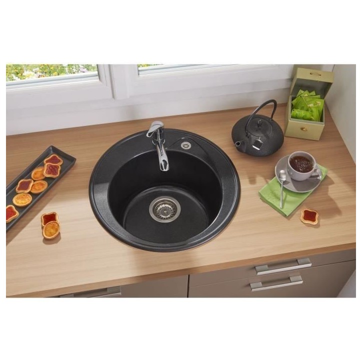 STRADOUR Evier a encastrer RONDA, en SMC NOIR PAILLETE - 06, 1 bac, dim. Ø 49 cm, vidage manuel