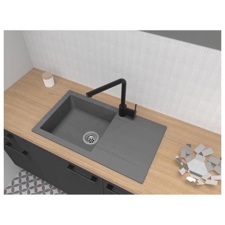STRADOUR Evier a encastrer EINNA, en SMC GRIS BETON - 16, 1 bac, dim. 78 * 43,5 cm, vidage manuel