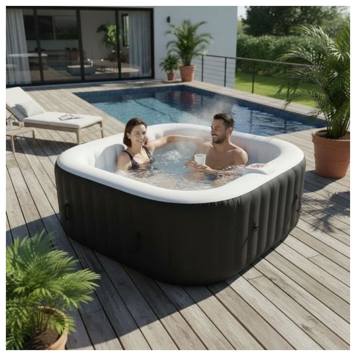 Spa gonflable SUNSPA - AC01 - 157 x 67 cm - 4 places - Carré (Livré avec filtre, cadenas, tapis de sol et couverture)