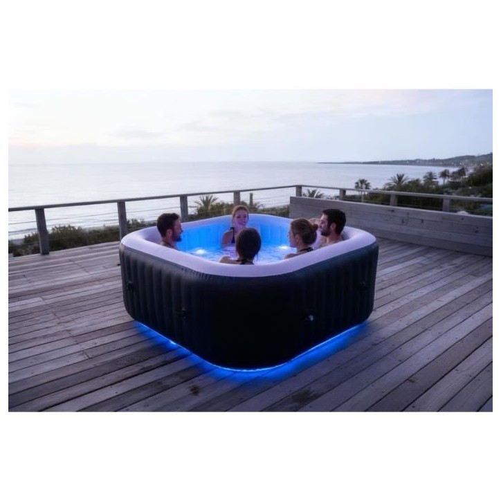 Spa gonflable avec bandeau LED SUNSPA - AC02-LED - 185 x 65 cm - 6 places - Carré (Avec filtre, cadenas, tapis de sol et Spa gonflable avec bandeau LED SUNSPA - AC02-LED - 185 x 65 cm - 6 places - Carré (Avec filtre, cadenas, tapis de sol et