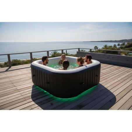 Spa gonflable avec bandeau LED SUNSPA - AC02-LED - 185 x 65 cm - 6 places - Carré (Avec filtre, cadenas, tapis de sol et