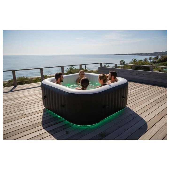 Spa gonflable avec bandeau LED SUNSPA - AC02-LED - 185 x 65 cm - 6 places - Carré (Avec filtre, cadenas, tapis de sol et Spa gonflable avec bandeau LED SUNSPA - AC02-LED - 185 x 65 cm - 6 places - Carré (Avec filtre, cadenas, tapis de sol et