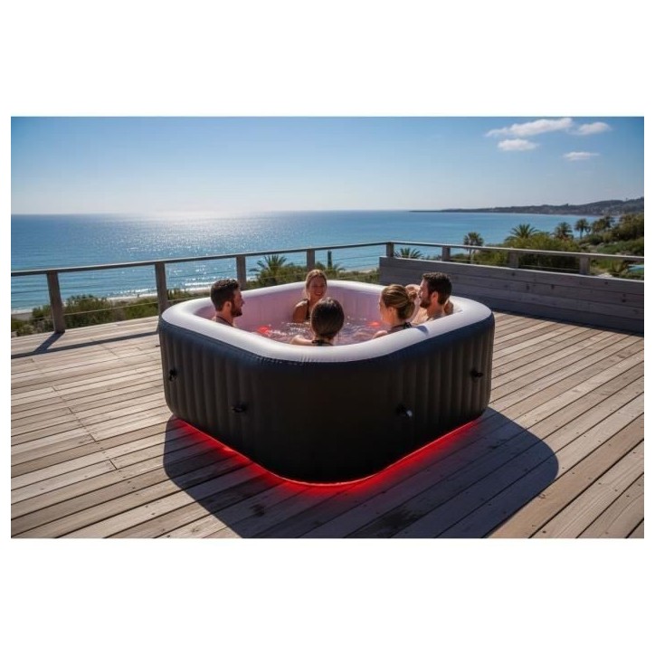 Spa gonflable avec bandeau LED SUNSPA - AC02-LED - 185 x 65 cm - 6 places - Carré (Avec filtre, cadenas, tapis de sol et Spa gonflable avec bandeau LED SUNSPA - AC02-LED - 185 x 65 cm - 6 places - Carré (Avec filtre, cadenas, tapis de sol et