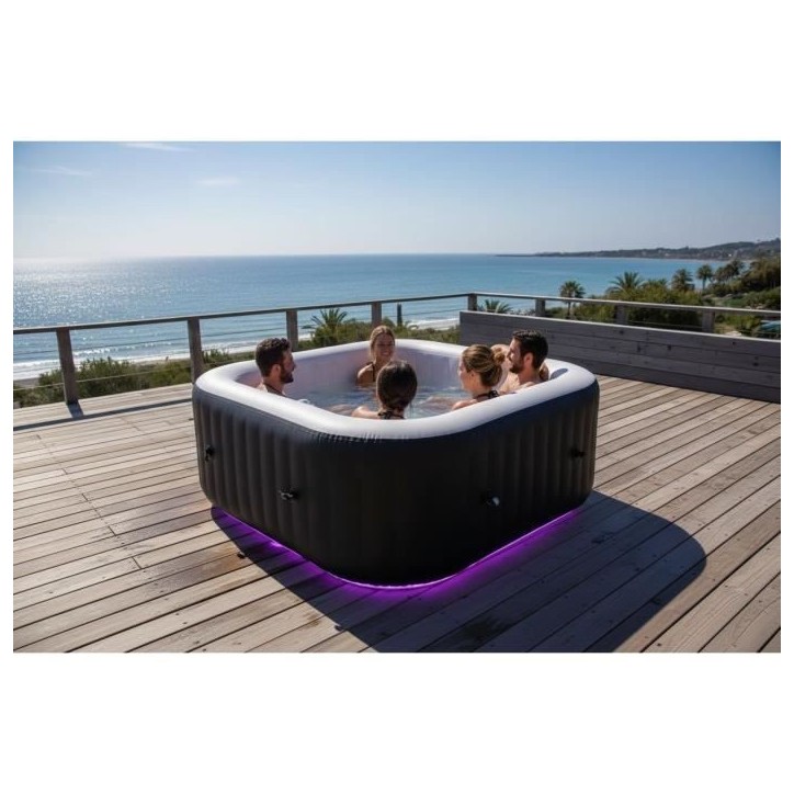 Spa gonflable avec bandeau LED SUNSPA - AC02-LED - 185 x 65 cm - 6 places - Carré (Avec filtre, cadenas, tapis de sol et Spa gonflable avec bandeau LED SUNSPA - AC02-LED - 185 x 65 cm - 6 places - Carré (Avec filtre, cadenas, tapis de sol et