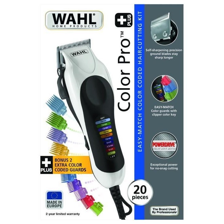 Tondeuse cheveux - WAHL - Color Pro Plus - Lames de précision - Peignes de guidage a code couleur