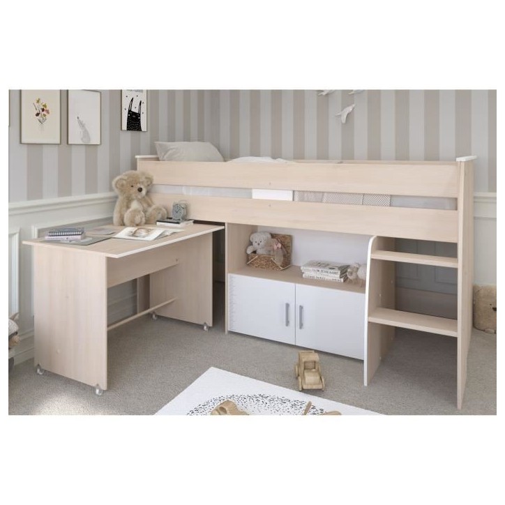 Lit combiné enfant Parisot ZOLA 90x200 cm - 2 portes - Avec bureau - Décor acacia clair et blanc