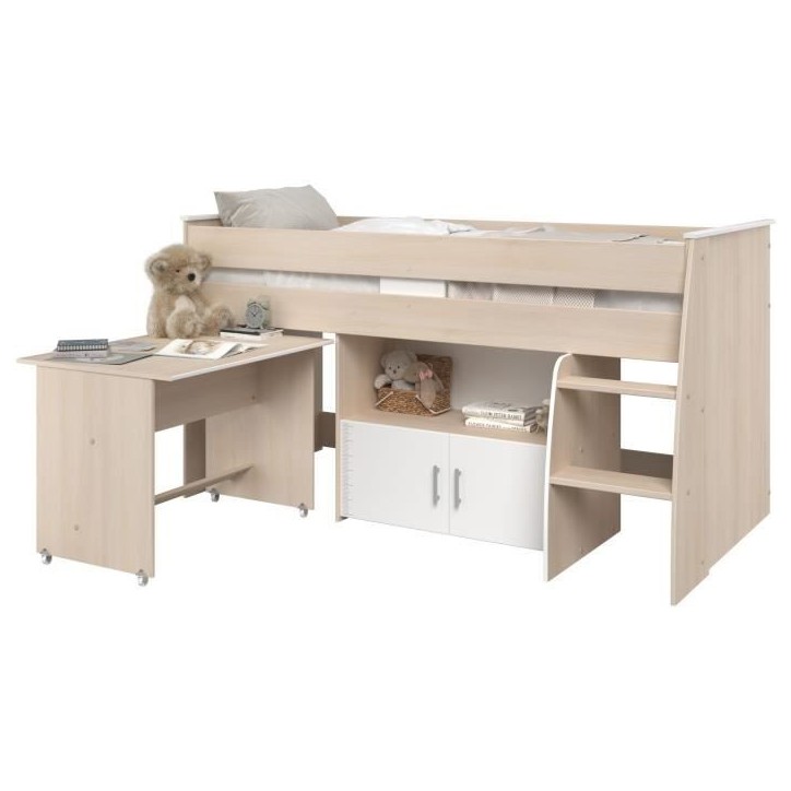 Lit combiné enfant Parisot ZOLA 90x200 cm - 2 portes - Avec bureau - Décor acacia clair et blanc