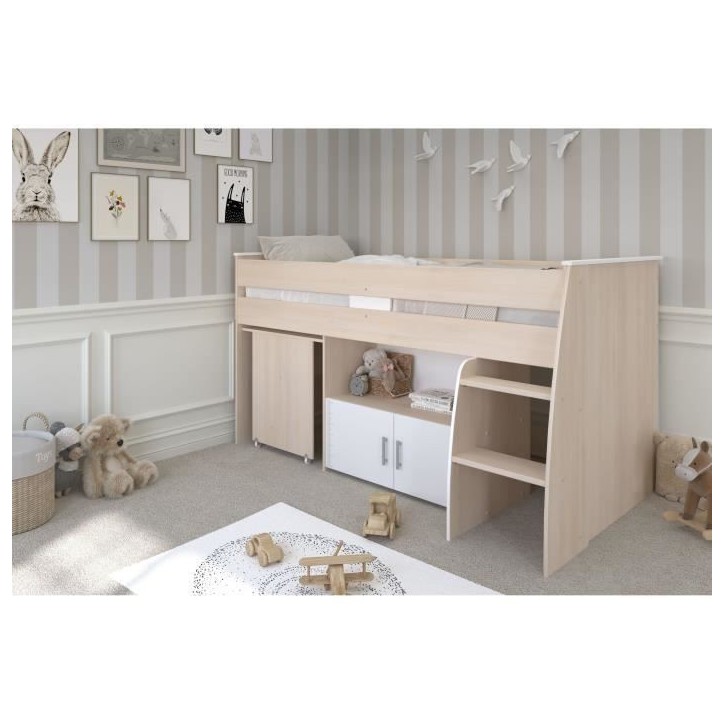 Lit combiné enfant Parisot ZOLA 90x200 cm - 2 portes - Avec bureau - Décor acacia clair et blanc