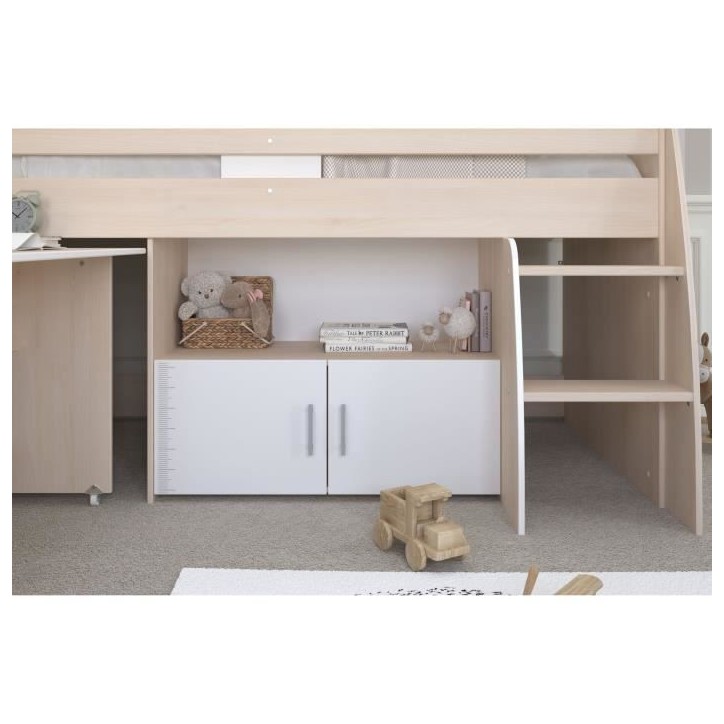 Lit combiné enfant Parisot ZOLA 90x200 cm - 2 portes - Avec bureau - Décor acacia clair et blanc