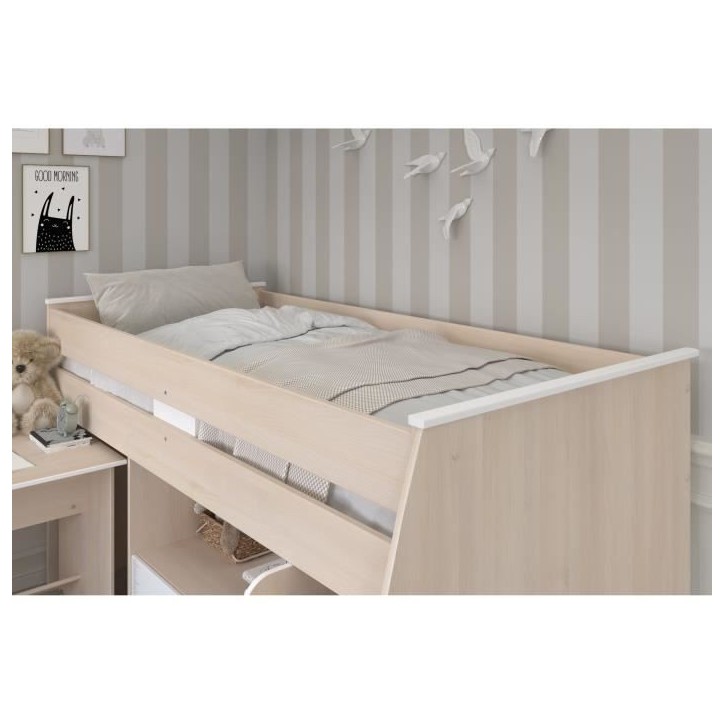 Lit combiné enfant Parisot ZOLA 90x200 cm - 2 portes - Avec bureau - Décor acacia clair et blanc