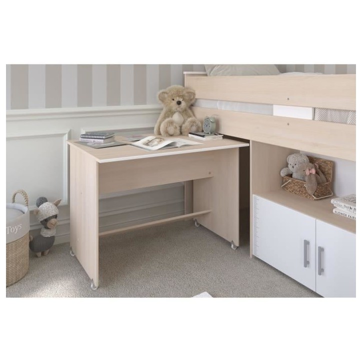 Lit combiné enfant Parisot ZOLA 90x200 cm - 2 portes - Avec bureau - Décor acacia clair et blanc