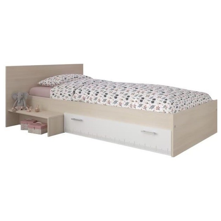 PARISOT Lit enfant l 90 x L 190 cm - Décor acacia et blanc tiroir - Contemporain - CHARLEMAGNE