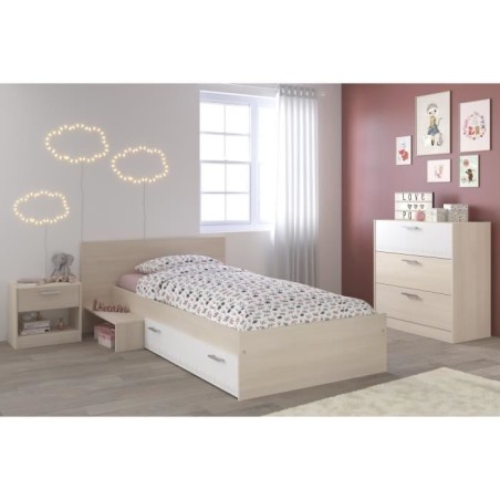 PARISOT Lit enfant l 90 x L 190 cm - Décor acacia et blanc tiroir - Contemporain - CHARLEMAGNE