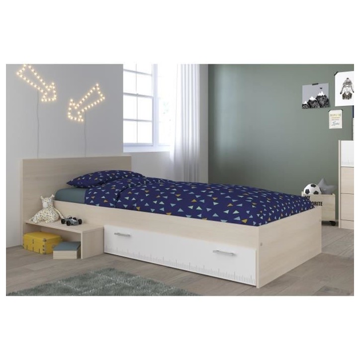 PARISOT Lit enfant l 90 x L 190 cm - Décor acacia et blanc tiroir - Contemporain - CHARLEMAGNE