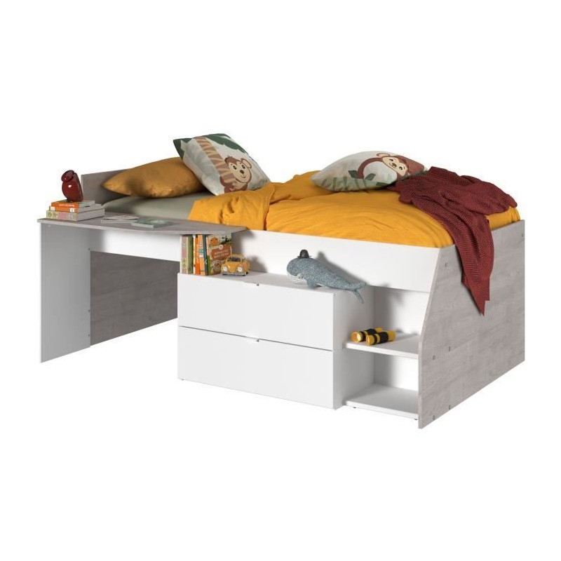 Lit combiné enfant contemporain PARISOT KIM - gris loft et blanc - l Lit combiné enfant contemporain PARISOT KIM - gris loft et blanc - l