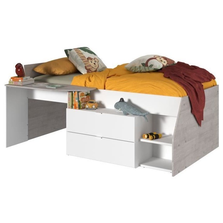 Lit combiné enfant contemporain PARISOT KIM - gris loft et blanc - l 90 x L 190 ou 200 cm