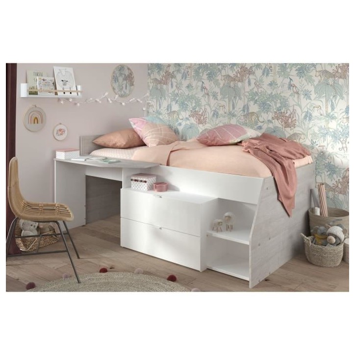 Lit combiné enfant contemporain PARISOT KIM - gris loft et blanc - l 90 x L 190 ou 200 cm