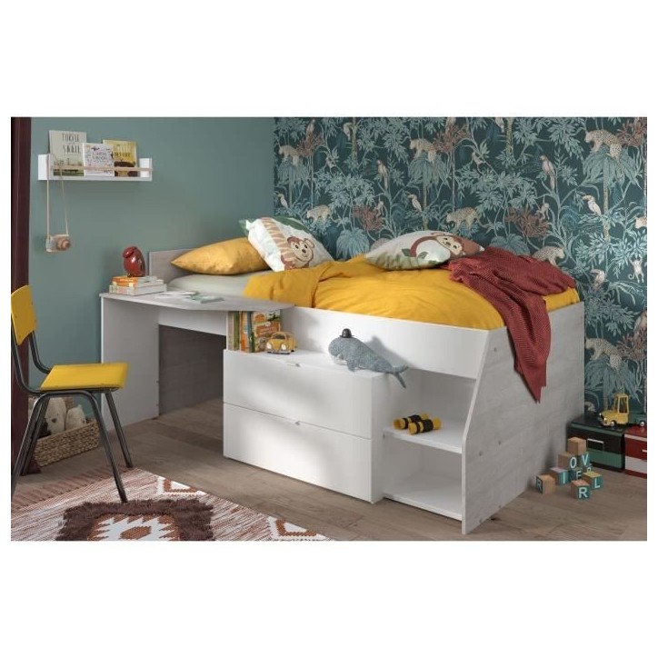 Lit combiné enfant contemporain PARISOT KIM - gris loft et blanc - l 90 x L 190 ou 200 cm