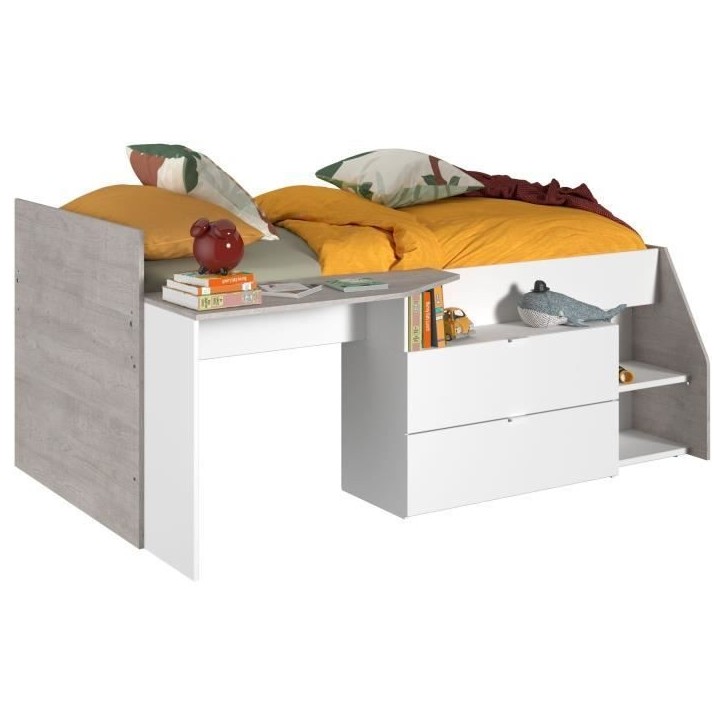 Lit combiné enfant contemporain PARISOT KIM - gris loft et blanc - l 90 x L 190 ou 200 cm