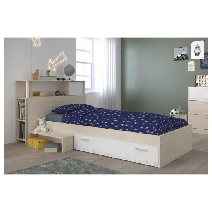 PARISOT Ensemble lit + tete de lit avec rangement - Style contemporain - Décor acacia clair et blanc - CHARLEMAGNE