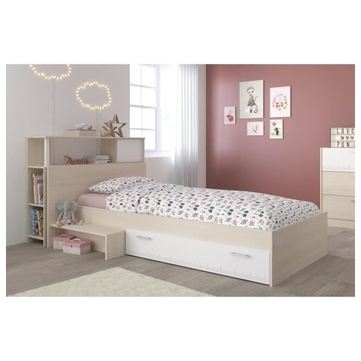 PARISOT Ensemble lit + tete de lit avec rangement - Style contemporain - Décor acacia clair et blanc - CHARLEMAGNE