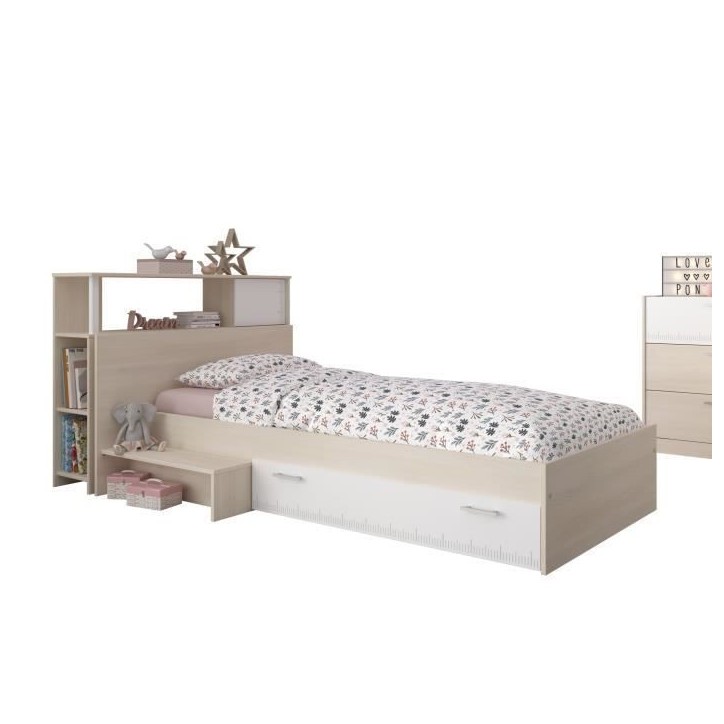 PARISOT Ensemble lit + tete de lit avec rangement - Style contemporain - Décor acacia clair et blanc - CHARLEMAGNE