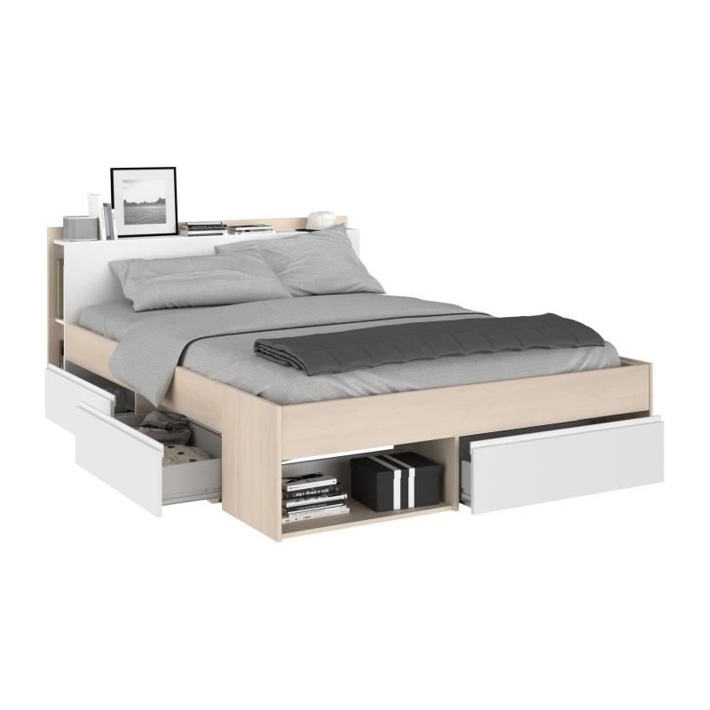 Lit adulte COMBO 160x200 cm - Chene et blanc- 3 Tiroirs - PARISOT