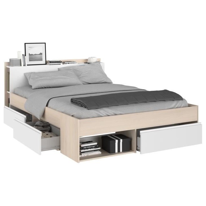 Lit adulte COMBO 160x200 cm - Chene et blanc- 3 Tiroirs - PARISOT