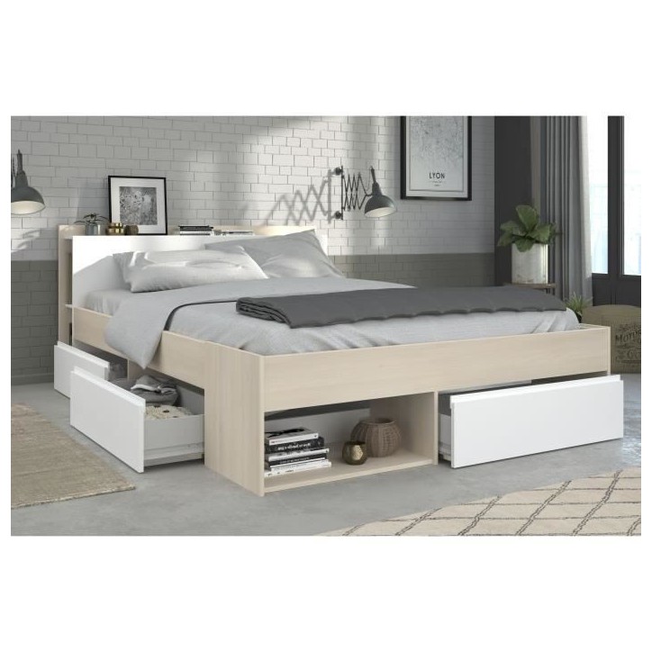 Lit adulte COMBO 160x200 cm - Chene et blanc- 3 Tiroirs - PARISOT