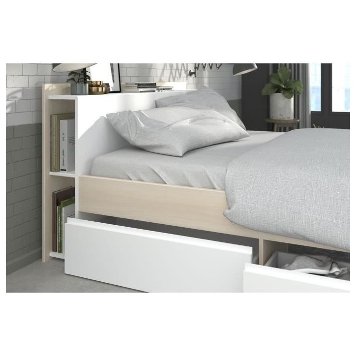 Lit adulte COMBO 160x200 cm - Chene et blanc- 3 Tiroirs - PARISOT