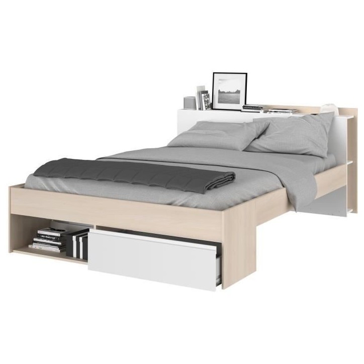 Lit adulte COMBO 140x190/200 cm -Acacia et blanc - 3 Tiroirs - PARISOT