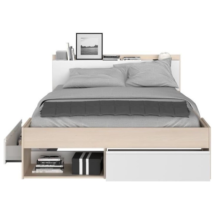 Lit adulte COMBO 140x190/200 cm -Acacia et blanc - 3 Tiroirs - PARISOT
