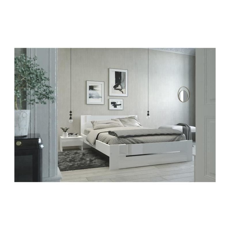 PARISOT Lit adulte - Contemporain - Décor blanc et blanc brillant - l PARISOT Lit adulte - Contemporain - Décor blanc et blanc brillant - l