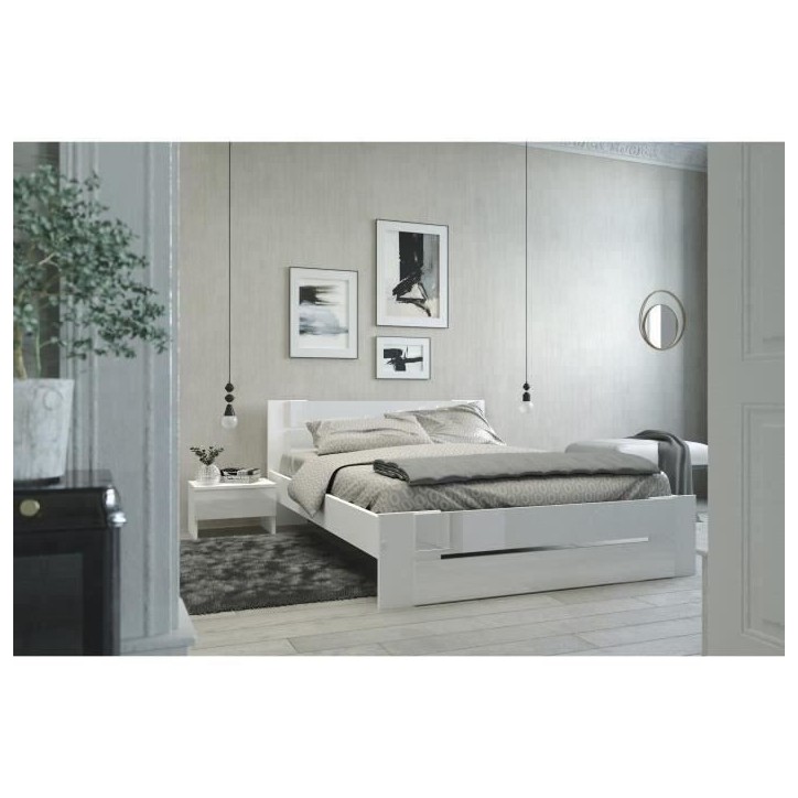 PARISOT Lit adulte - Contemporain - Décor blanc et blanc brillant - l 140 x L 190 cm - EDEN
