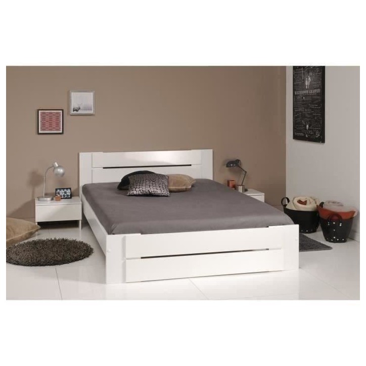 PARISOT Lit adulte - Contemporain - Décor blanc et blanc brillant - l 140 x L 190 cm - EDEN