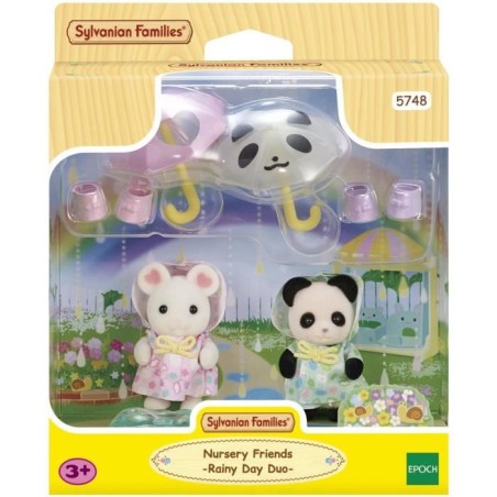 Figurines Articulées - SYLVANIAN FAMILIES - Duo Bébés en Habits de Pluie - Panda et Souris Marshmallow